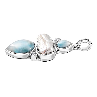 Artisan Crafted Larimar and Multi Gemstone Pendant without Chain in Black Oxidized Sterling Silver 17.10 ctw