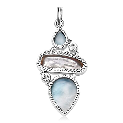Artisan Crafted Larimar and Multi Gemstone Pendant without Chain in Black Oxidized Sterling Silver 17.10 ctw