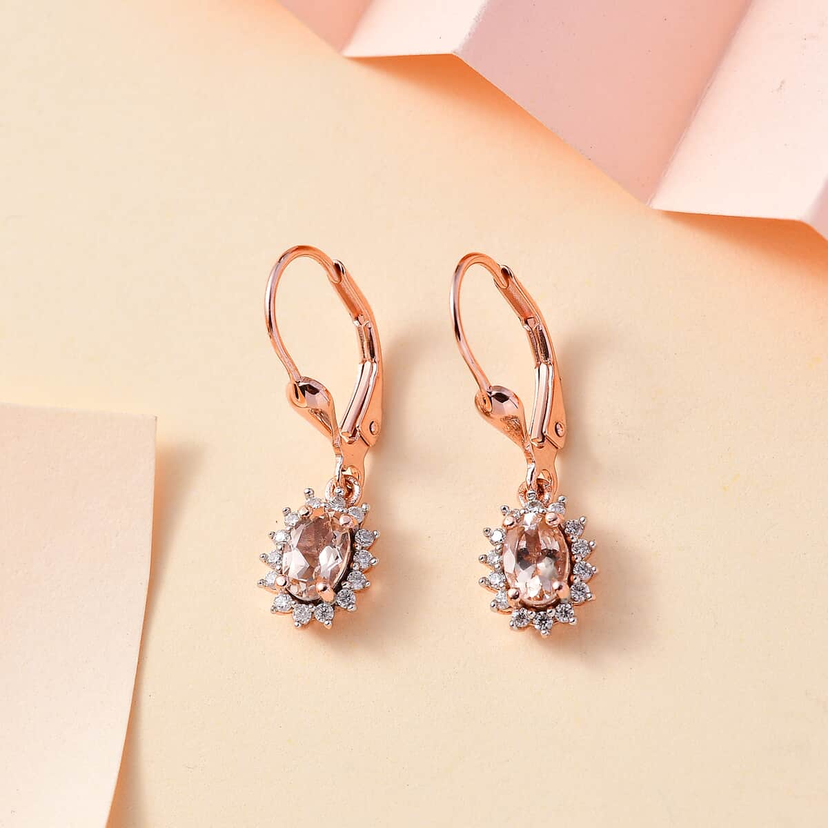 Premium Marropino Morganite and Moissanite 1.15 ctw Sunburst Earrings in Vermeil Rose Gold Over Sterling Silver image number 1