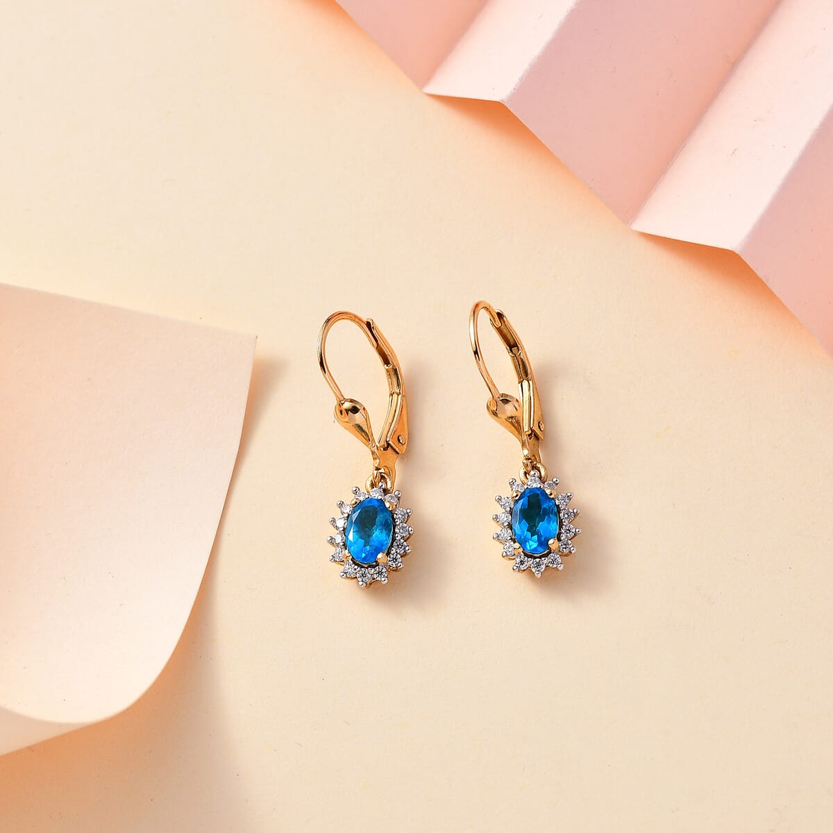 Premium Malgache Neon Apatite and Moissanite 1.15 ctw Sunburst Earrings in Vermeil Yellow Gold Over Sterling Silver image number 1