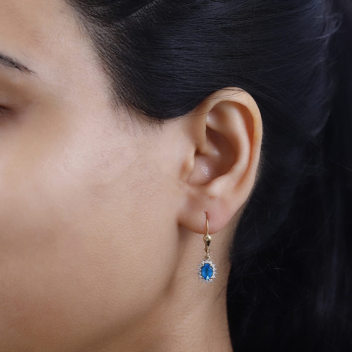 Premium Malgache Neon Apatite and Moissanite 1.15 ctw Sunburst Earrings in Vermeil Yellow Gold Over Sterling Silver image number 2