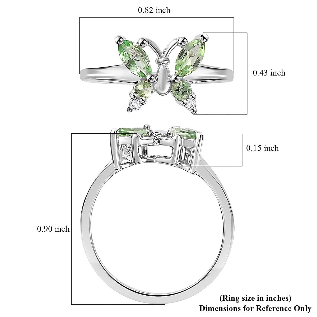 Brazilian Mint Garnet and White Zircon Butterfly Ring in Rhodium Over Sterling Silver (Size 10.0) 0.65 ctw