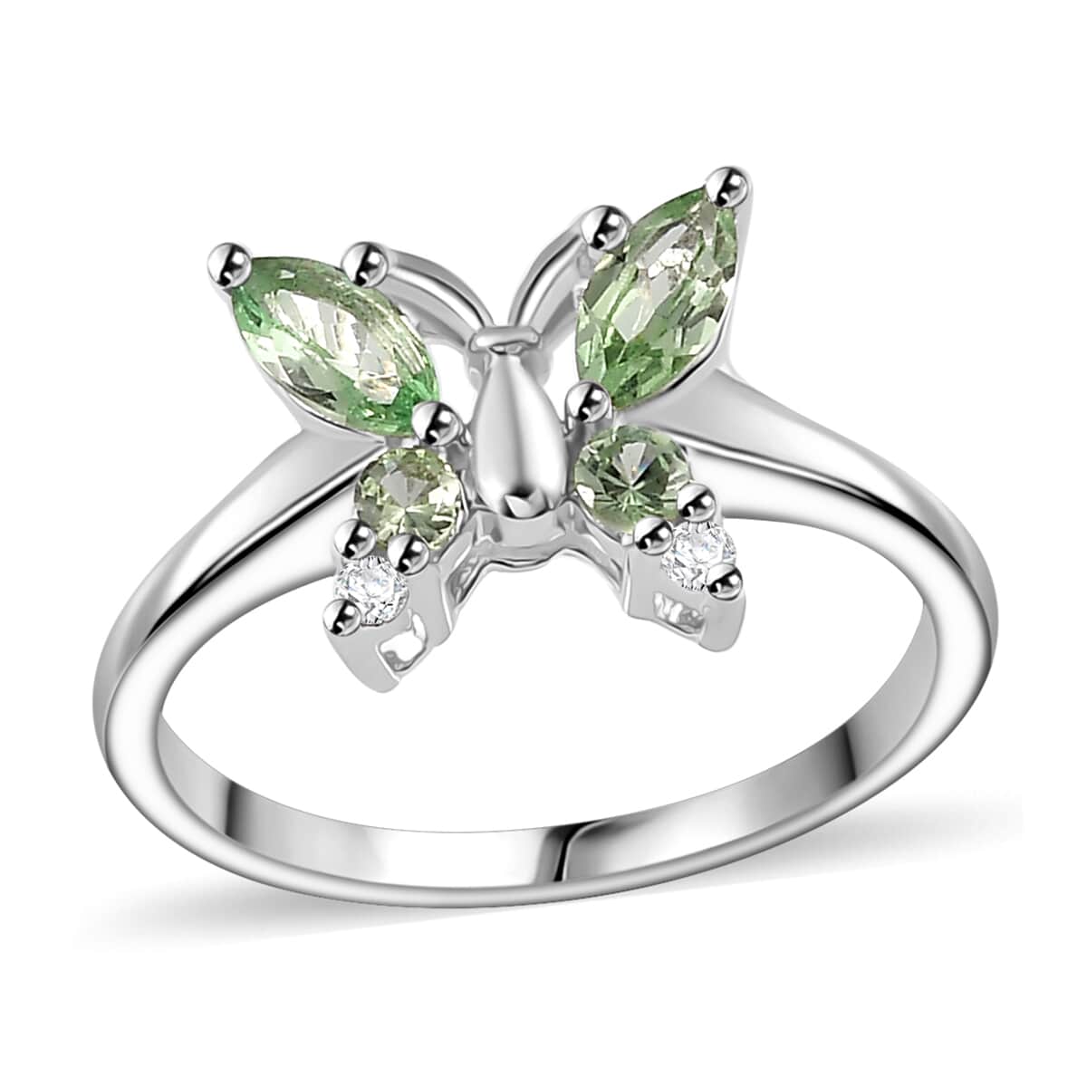 Brazilian Mint Garnet and White Zircon Butterfly Ring in Rhodium Over Sterling Silver (Size 7.0) 0.65 ctw image number 0