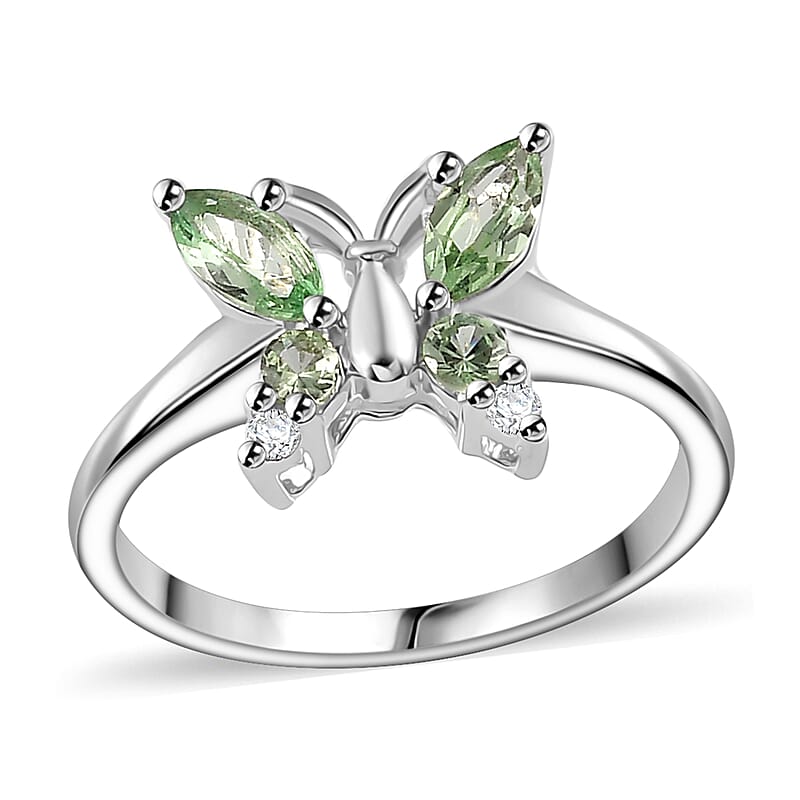 Brazilian Mint Garnet and White Zircon Butterfly Ring in Rhodium Over Sterling Silver (Size 7.0) 0.65 ctw