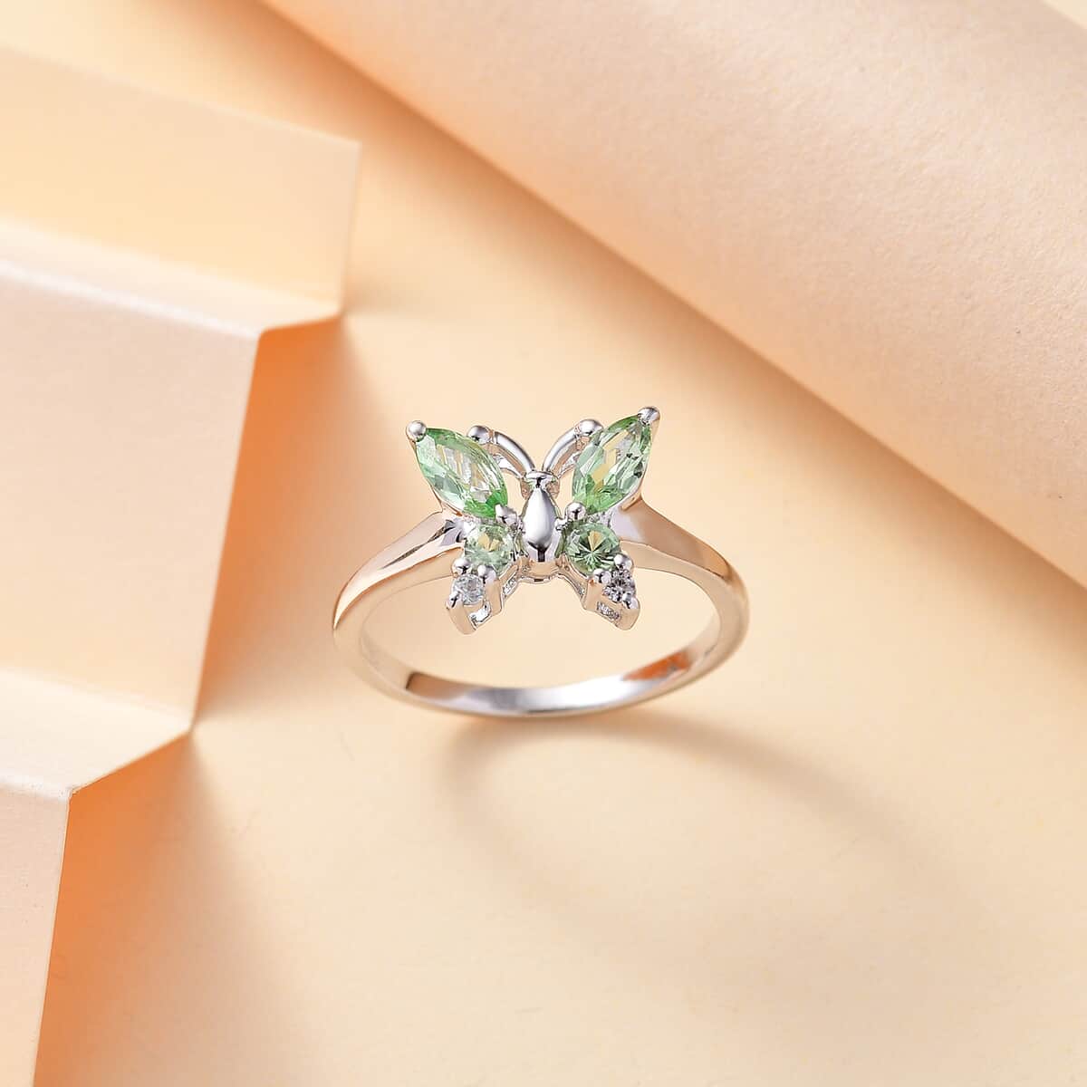 Brazilian Mint Garnet and White Zircon Butterfly Ring in Rhodium Over Sterling Silver (Size 7.0) 0.65 ctw image number 1