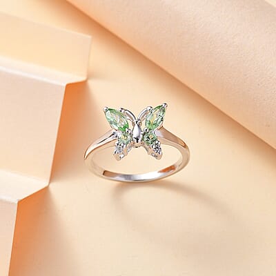 Brazilian Mint Garnet and White Zircon Butterfly Ring in Rhodium Over Sterling Silver (Size 7.0) 0.65 ctw