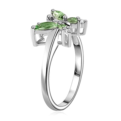 Brazilian Mint Garnet and White Zircon Butterfly Ring in Rhodium Over Sterling Silver (Size 7.0) 0.65 ctw