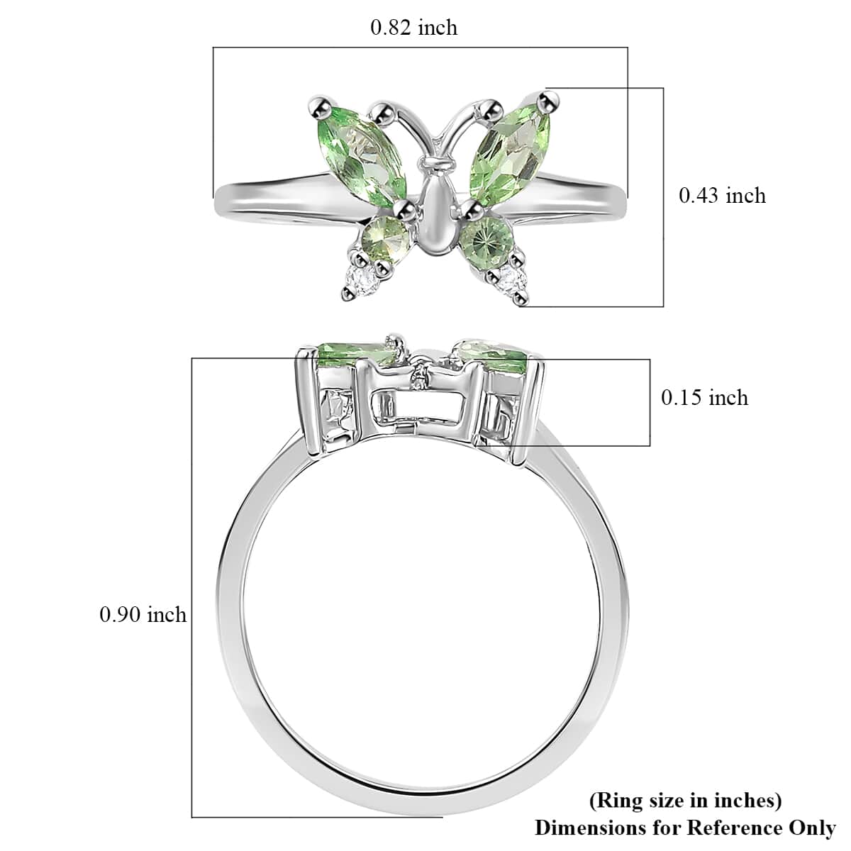 Brazilian Mint Garnet and White Zircon Butterfly Ring in Rhodium Over Sterling Silver (Size 7.0) 0.65 ctw image number 4