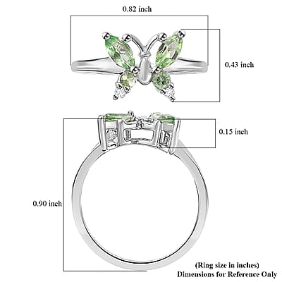 Brazilian Mint Garnet and White Zircon Butterfly Ring in Rhodium Over Sterling Silver (Size 7.0) 0.65 ctw