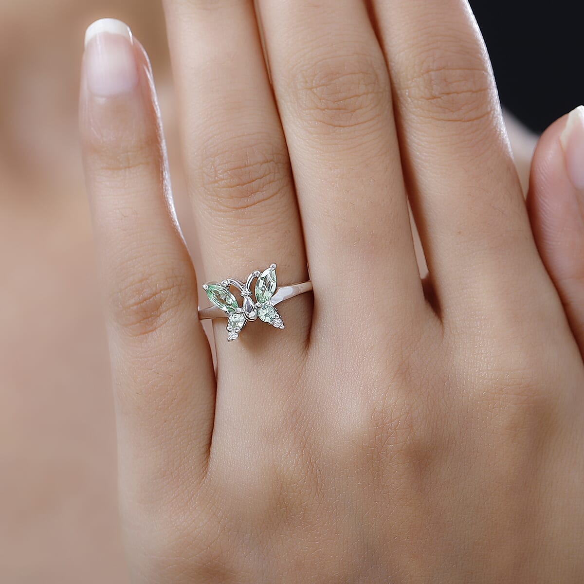 Brazilian Mint Garnet and White Zircon Butterfly Ring in Rhodium Over Sterling Silver (Size 8.0) 0.65 ctw image number 2