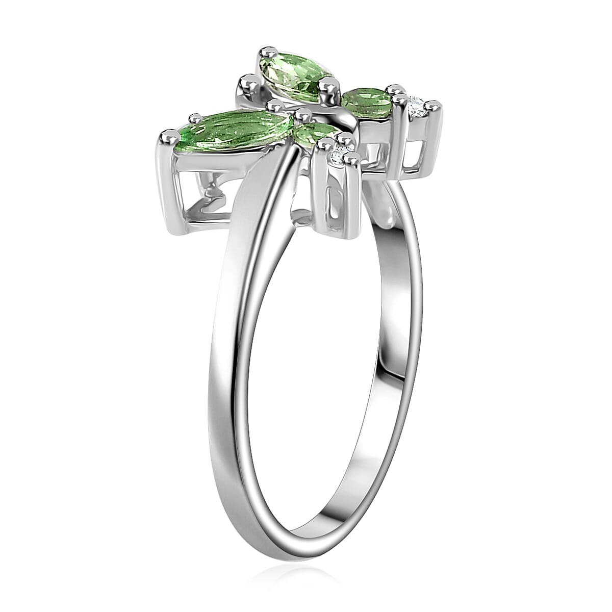 Brazilian Mint Garnet and White Zircon Butterfly Ring in Rhodium Over Sterling Silver (Size 8.0) 0.65 ctw image number 3