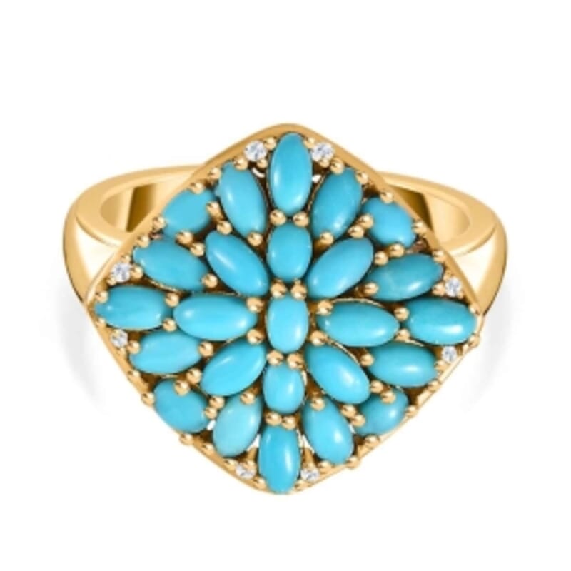 Sleeping Beauty Turquoise and White Zircon 2.21 ctw Cluster Ring in Vermeil Yellow Gold Over Sterling Silver (Size 8)