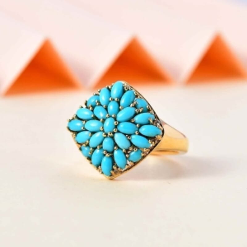 Sleeping Beauty Turquoise and White Zircon 2.21 ctw Cluster Ring in Vermeil Yellow Gold Over Sterling Silver (Size 8)