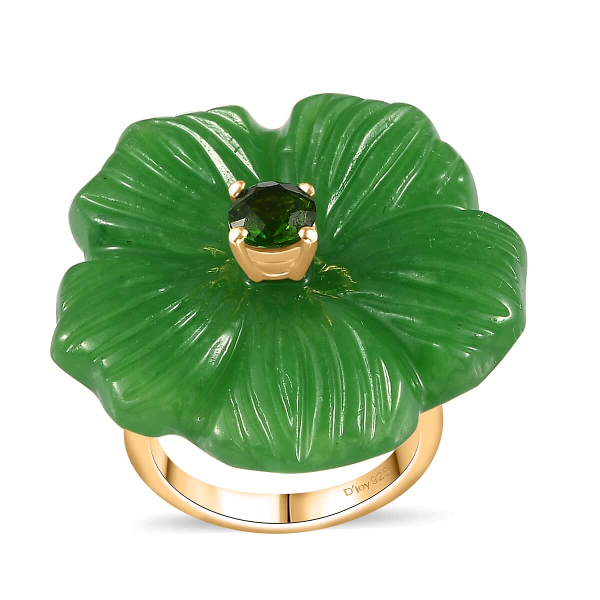 Green Jade (D) Carved and Chrome Diopside 42.65 ctw Primrose Floral Ring in Vermeil Yellow Gold Over Sterling Silver (Size 10.0) image number 0