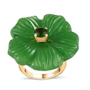 Green Jade (D) Carved and Chrome Diopside 42.65 ctw Primrose Floral Ring in Vermeil Yellow Gold Over Sterling Silver (Size 10.0)