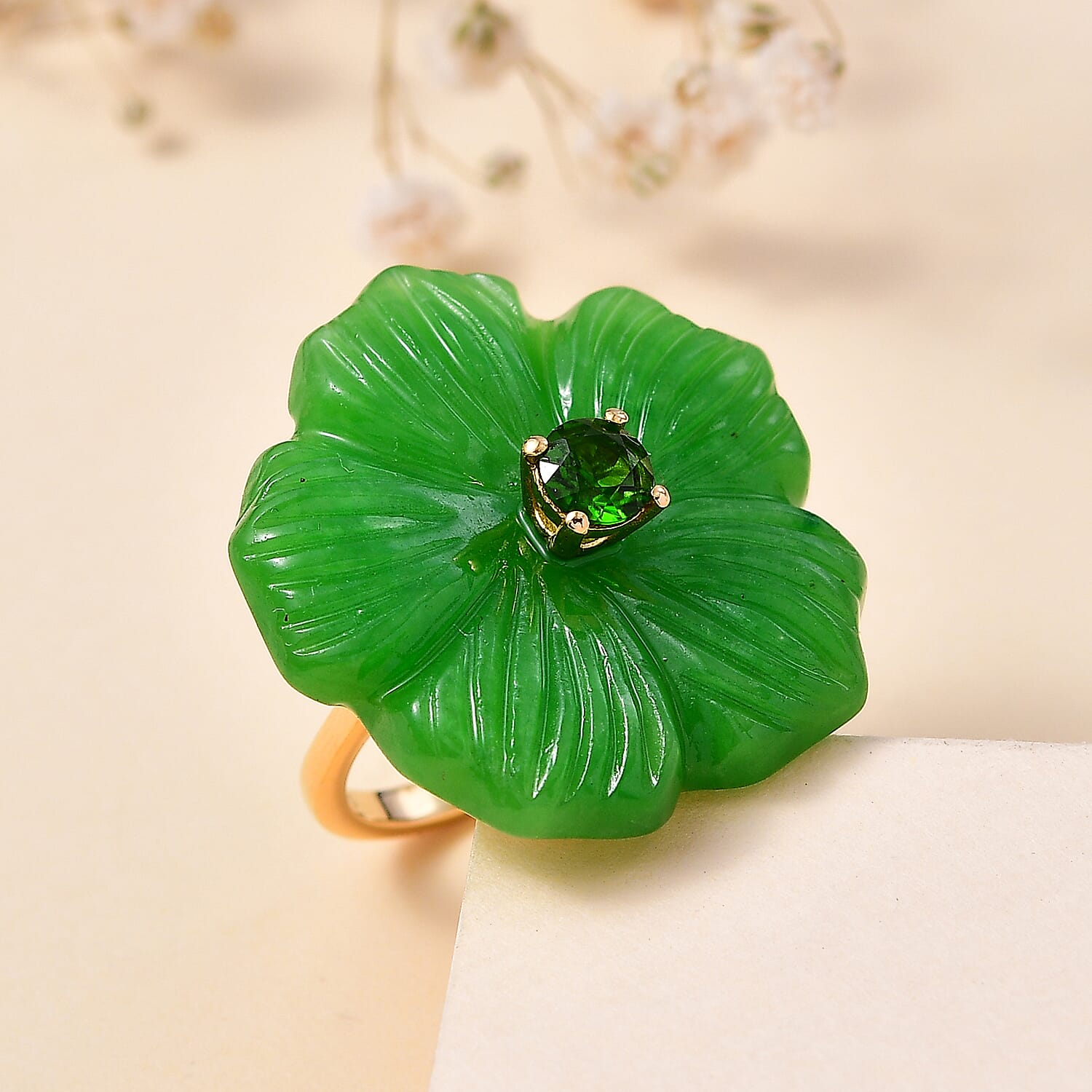 Green Jade (D) Carved and Chrome Diopside 42.65 ctw Primrose Floral Ring in Vermeil Yellow Gold Over Sterling Silver (Size 10.0)