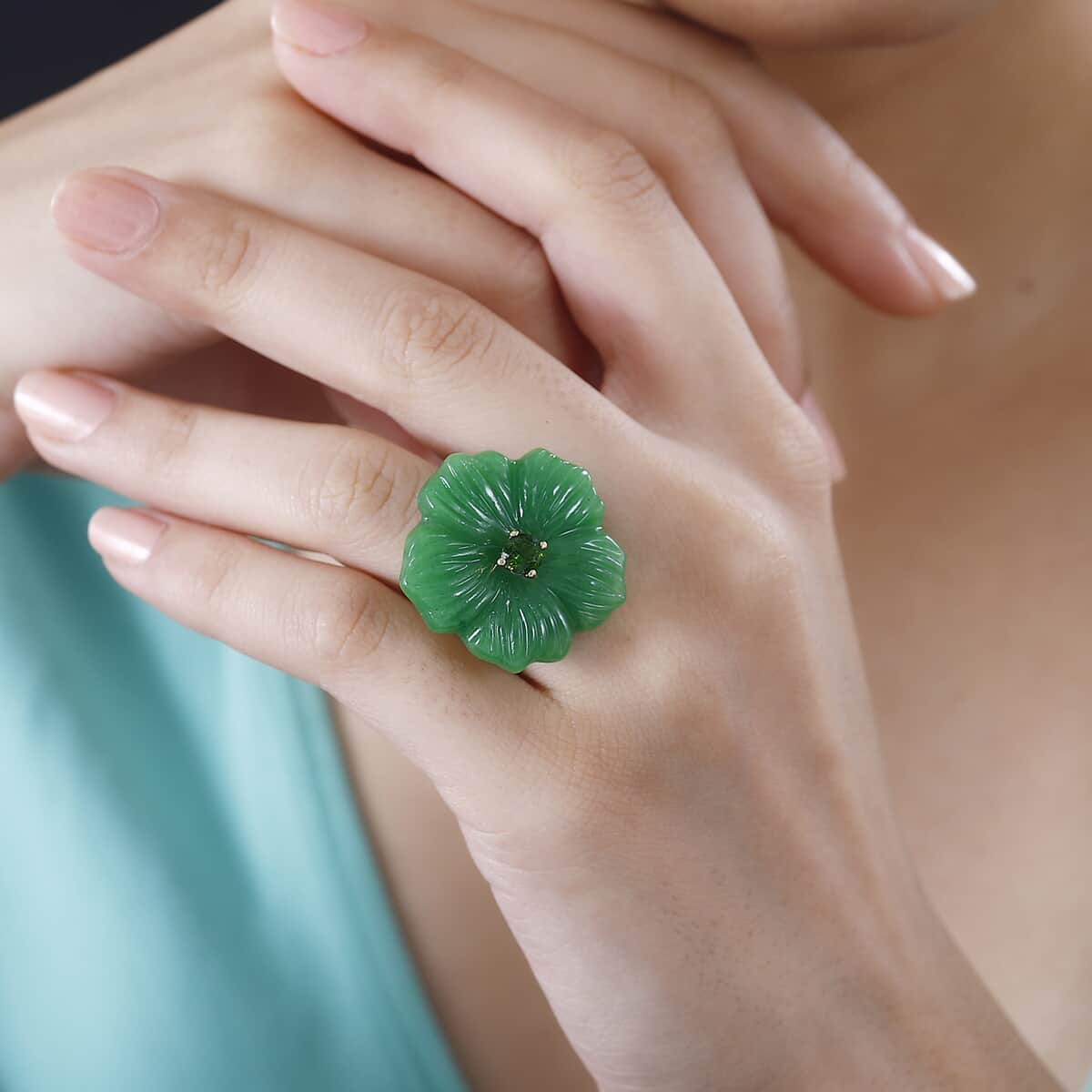 Green Jade (D) Carved and Chrome Diopside 42.65 ctw Primrose Floral Ring in Vermeil Yellow Gold Over Sterling Silver (Size 10.0) image number 2