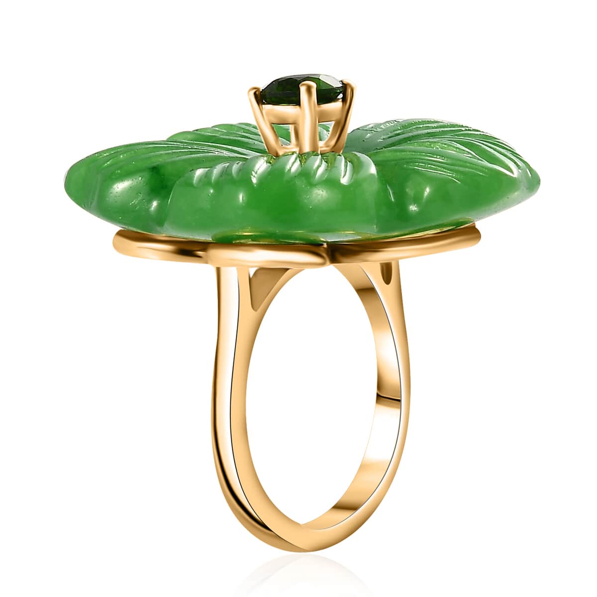 Green Jade (D) Carved and Chrome Diopside 42.65 ctw Primrose Floral Ring in Vermeil Yellow Gold Over Sterling Silver (Size 10.0) image number 3