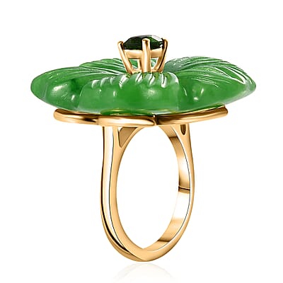 Green Jade (D) Carved and Chrome Diopside 42.65 ctw Primrose Floral Ring in Vermeil Yellow Gold Over Sterling Silver (Size 10.0)