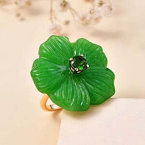 Green Jade (D) Carved and Chrome Diopside 42.65 ctw Primrose Floral Ring in Vermeil Yellow Gold Over Sterling Silver (Size 5.0)