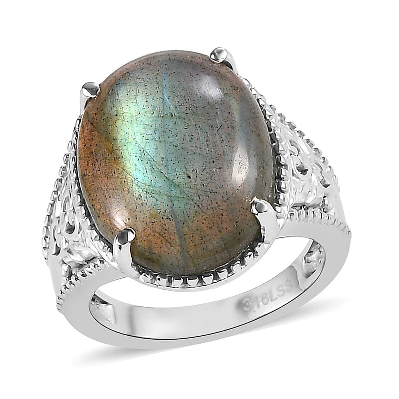 Malagasy Labradorite Solitaire Ring in Stainless Steel (Size 10.0) 11.90 ctw
