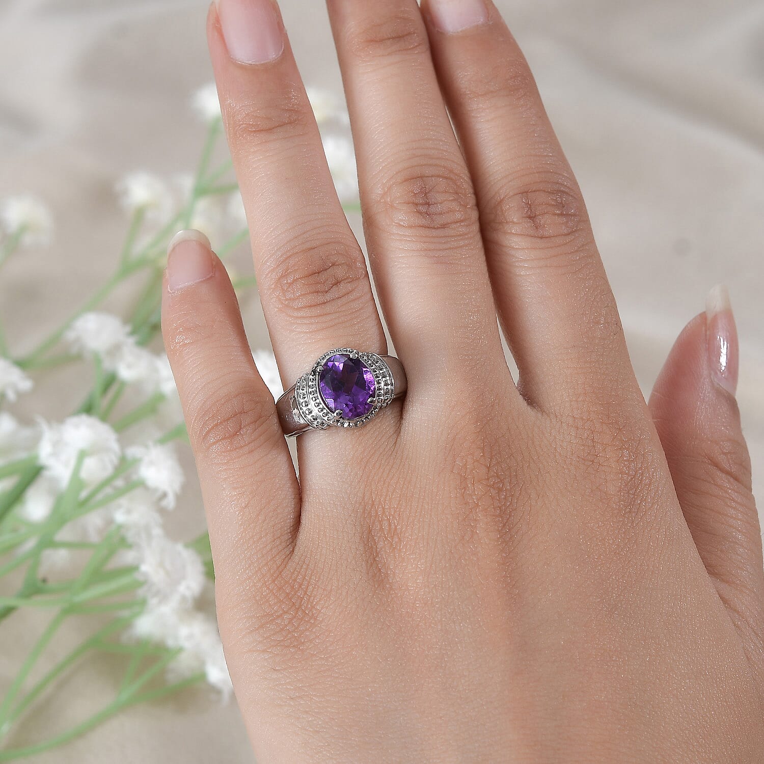 African Amethyst Solitaire Ring in Stainless Steel (Size 10.0) 2.35 ctw