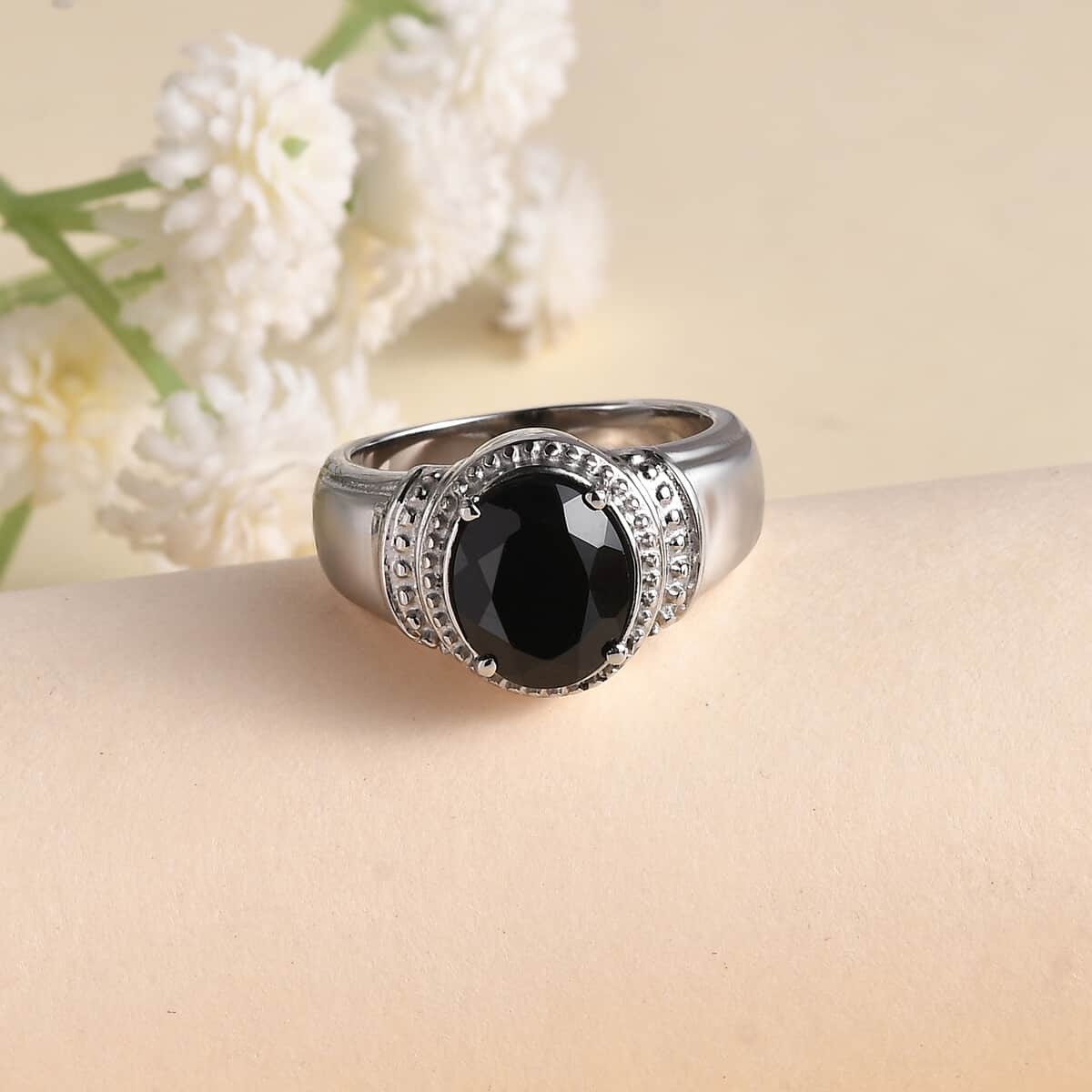 Thai Black Spinel Solitaire Ring in Stainless Steel (Size 7.0) 3.25 ctw image number 1