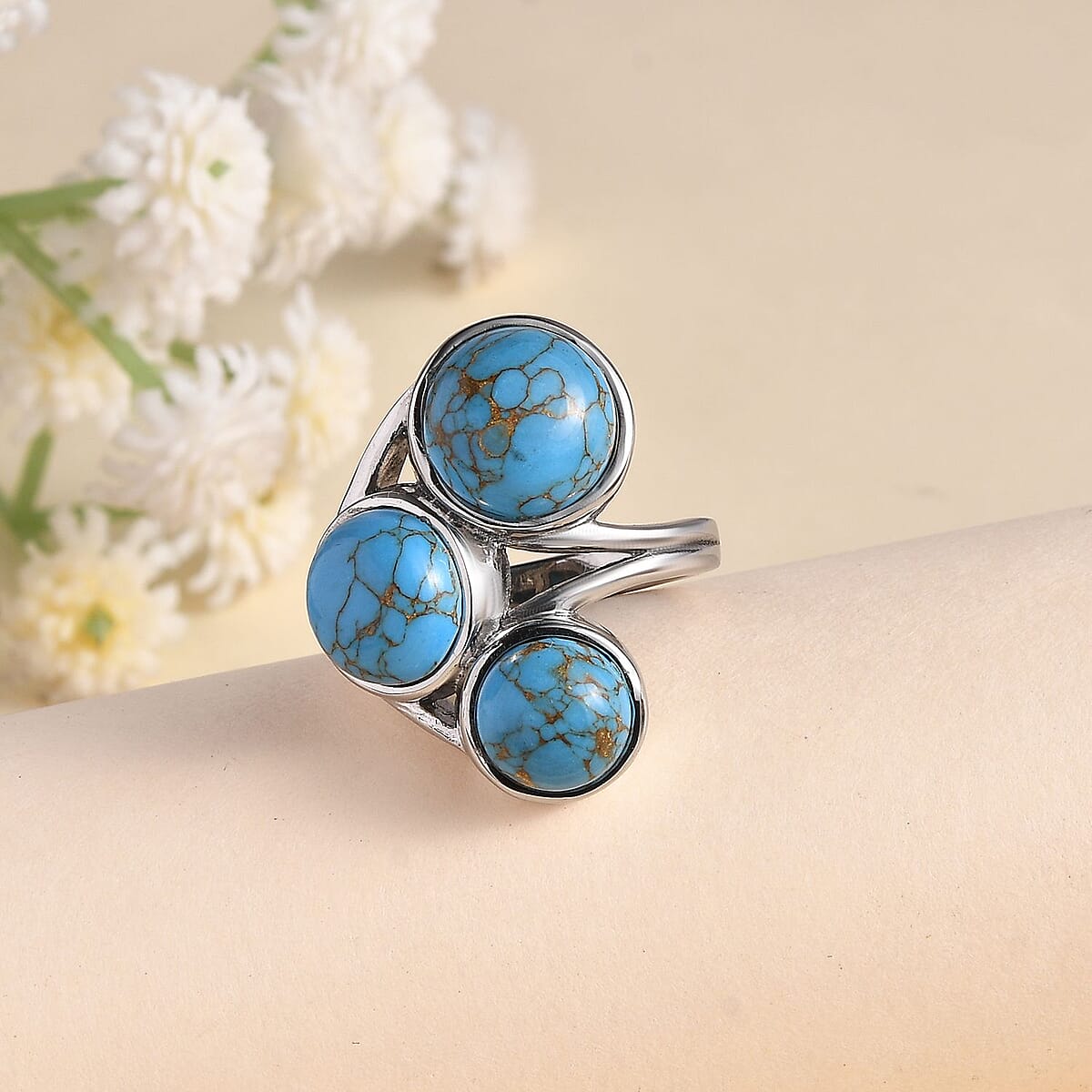 Mojave Blue Turquoise 3 Stone Ring in Stainless Steel (Size 10.0) 8.25 ctw image number 1