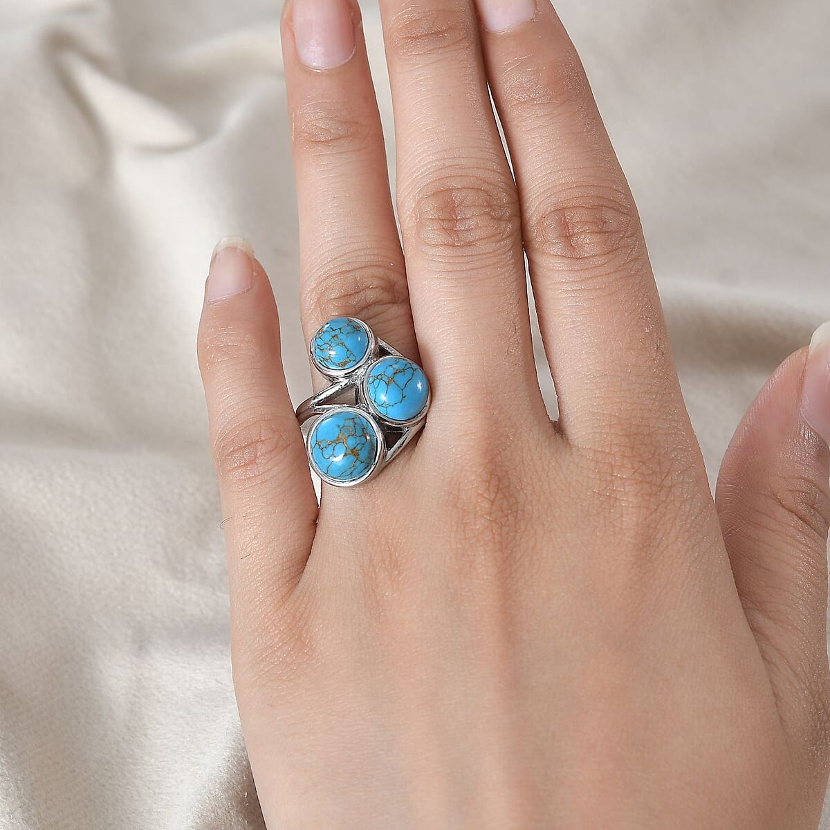 Mojave Blue Turquoise 3 Stone Ring in Stainless Steel (Size 10.0) 8.25 ctw image number 2