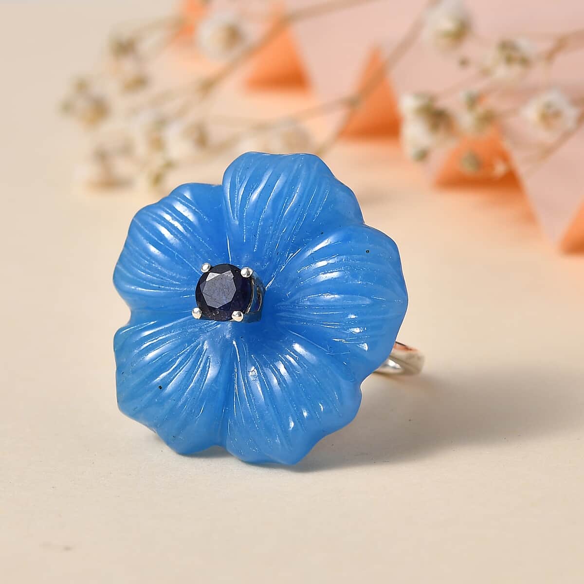 Blue Jade (D) Carved and Masoala Sapphire (D) 43.35 ctw Primrose Floral Ring in Platinum Over Sterling Silver (Size 7.0) image number 1