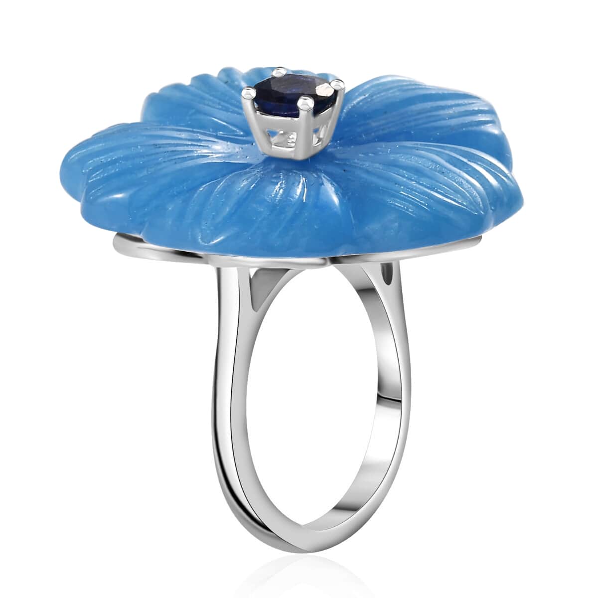 Blue Jade (D) Carved and Masoala Sapphire (D) 43.35 ctw Primrose Floral Ring in Platinum Over Sterling Silver (Size 7.0) image number 3