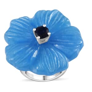 Blue Jade (D) Carved and Masoala Sapphire (D) 43.35 ctw Primrose Floral Ring in Platinum Over Sterling Silver (Size 8.0)