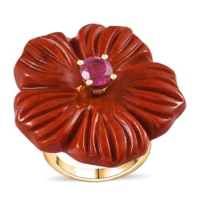 Red Jade (D) Carved and Niassa Ruby (FF) 41.00 ctw Primrose Floral Ring in Vermeil Yellow Gold Over Sterling Silver (Size 7.0)