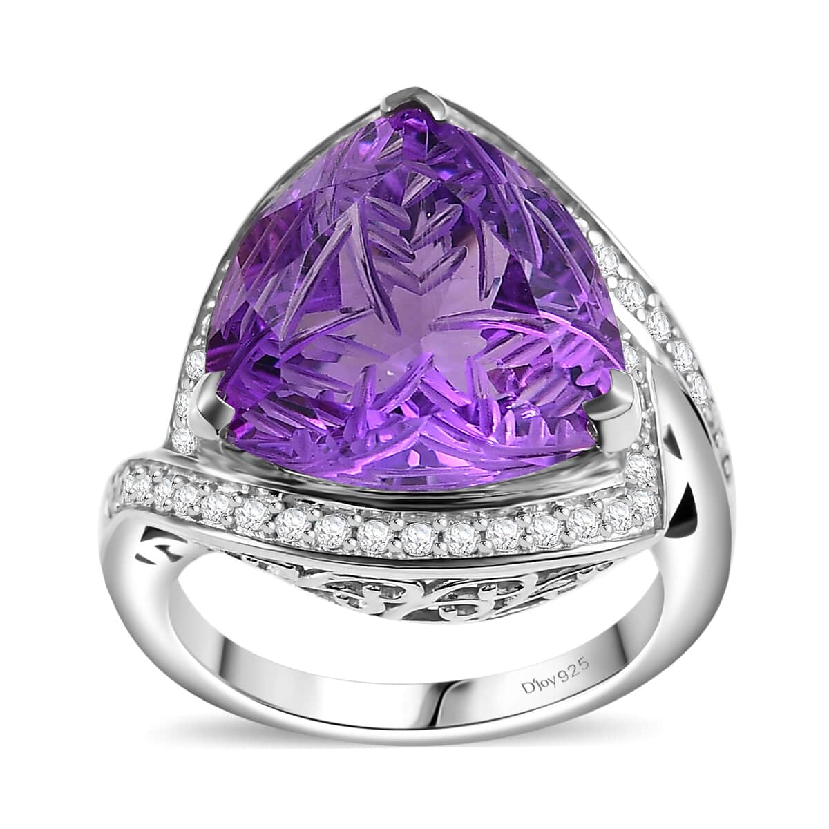 Carving Cut African Amethyst and White Zircon 9.65 ctw Ring in Platinum Over Sterling Silver (Size 10.0) image number 0