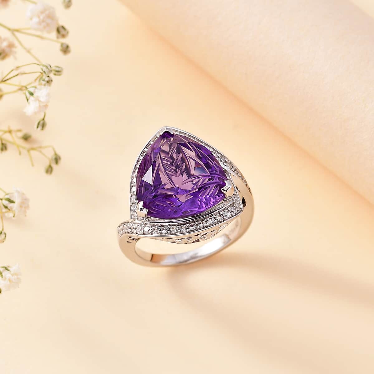 Carving Cut African Amethyst and White Zircon 9.65 ctw Ring in Platinum Over Sterling Silver (Size 10.0) image number 1