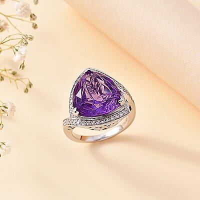 D'Joy Carving Cut African Amethyst and White Zircon 9.65 ctw Ring in Platinum Over Sterling Silver (Size 10.0)