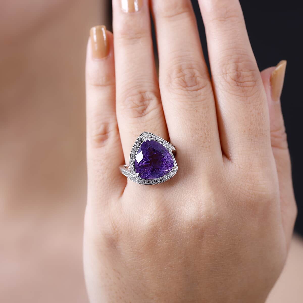 Carving Cut African Amethyst and White Zircon 9.65 ctw Ring in Platinum Over Sterling Silver (Size 10.0) image number 2