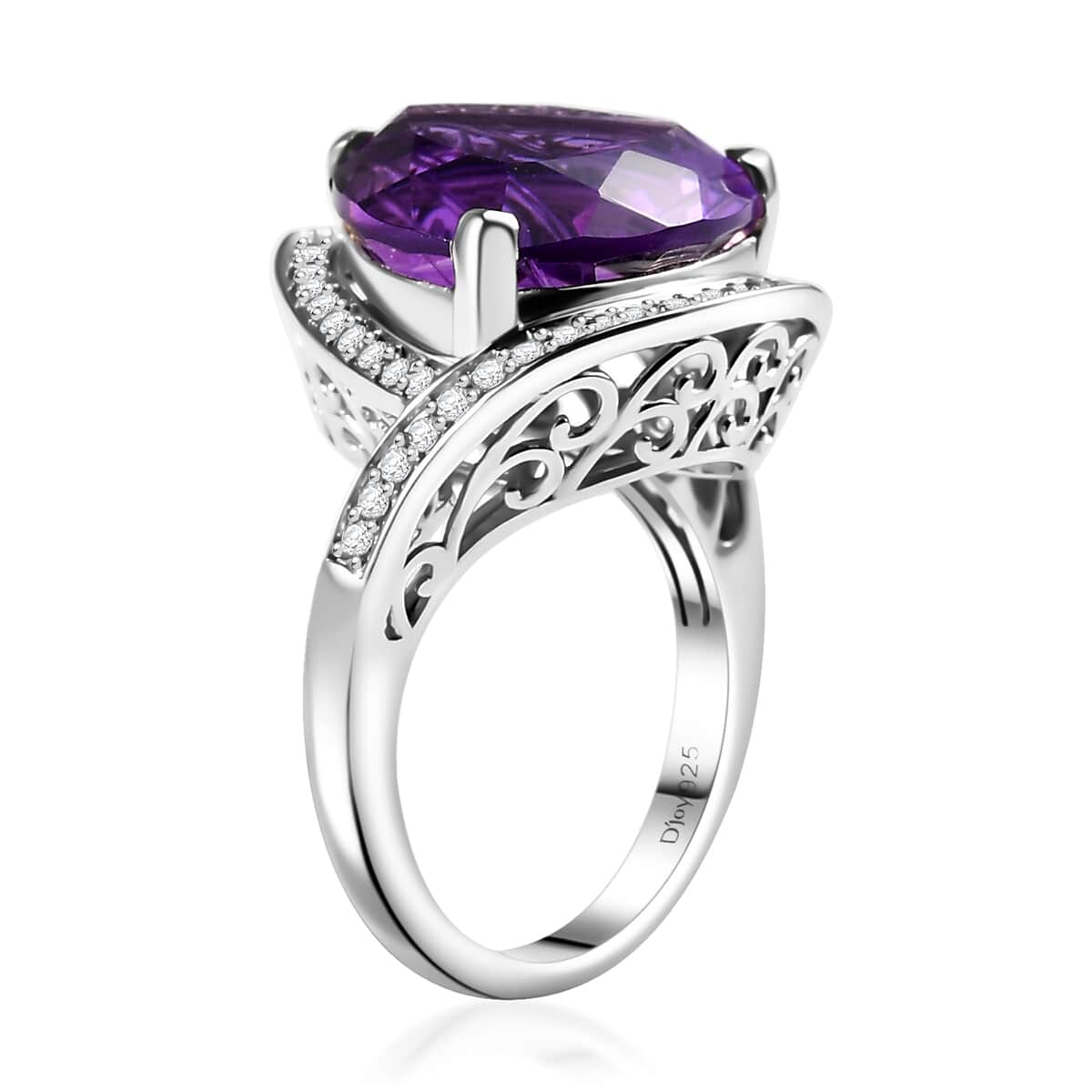 Carving Cut African Amethyst and White Zircon 9.65 ctw Ring in Platinum Over Sterling Silver (Size 10.0) image number 3