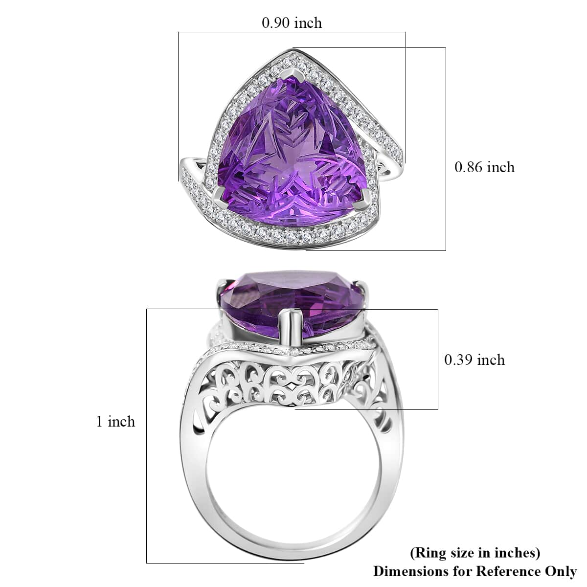 Carving Cut African Amethyst and White Zircon 9.65 ctw Ring in Platinum Over Sterling Silver (Size 10.0) image number 5