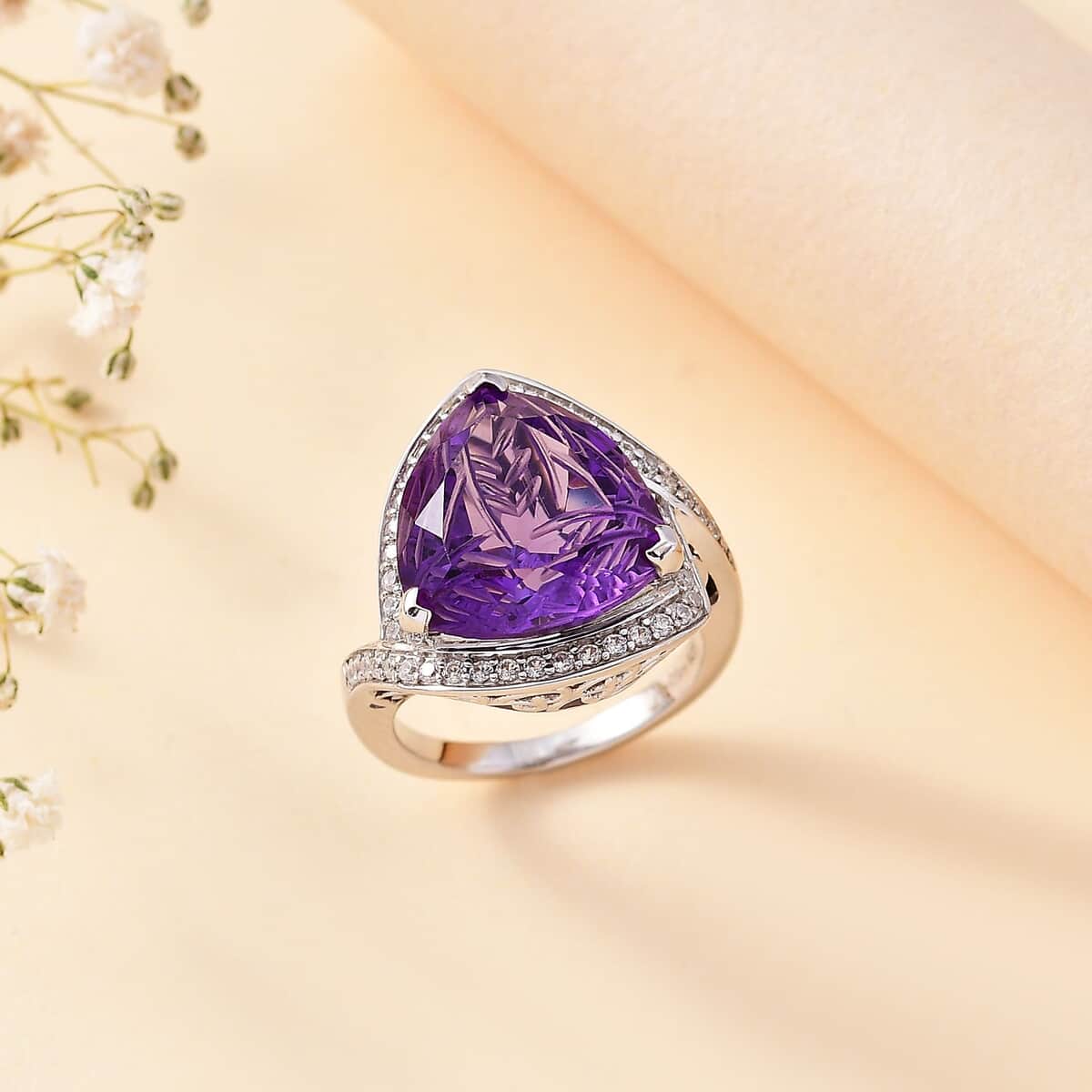 Carving Cut African Amethyst and White Zircon 9.65 ctw Ring in Platinum Over Sterling Silver (Size 11.0) image number 1