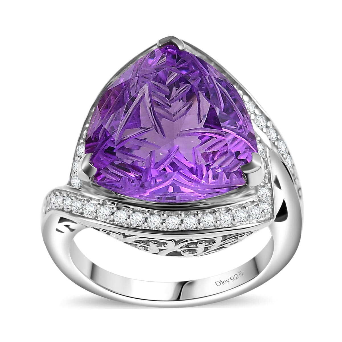 Carving Cut African Amethyst and White Zircon 9.65 ctw Ring in Platinum Over Sterling Silver (Size 6.0) image number 0