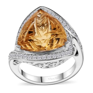 Carving Cut Brazilian Citrine and White Zircon 9.15 ctw Ring in Platinum Over Sterling Silver (Size 10.0)