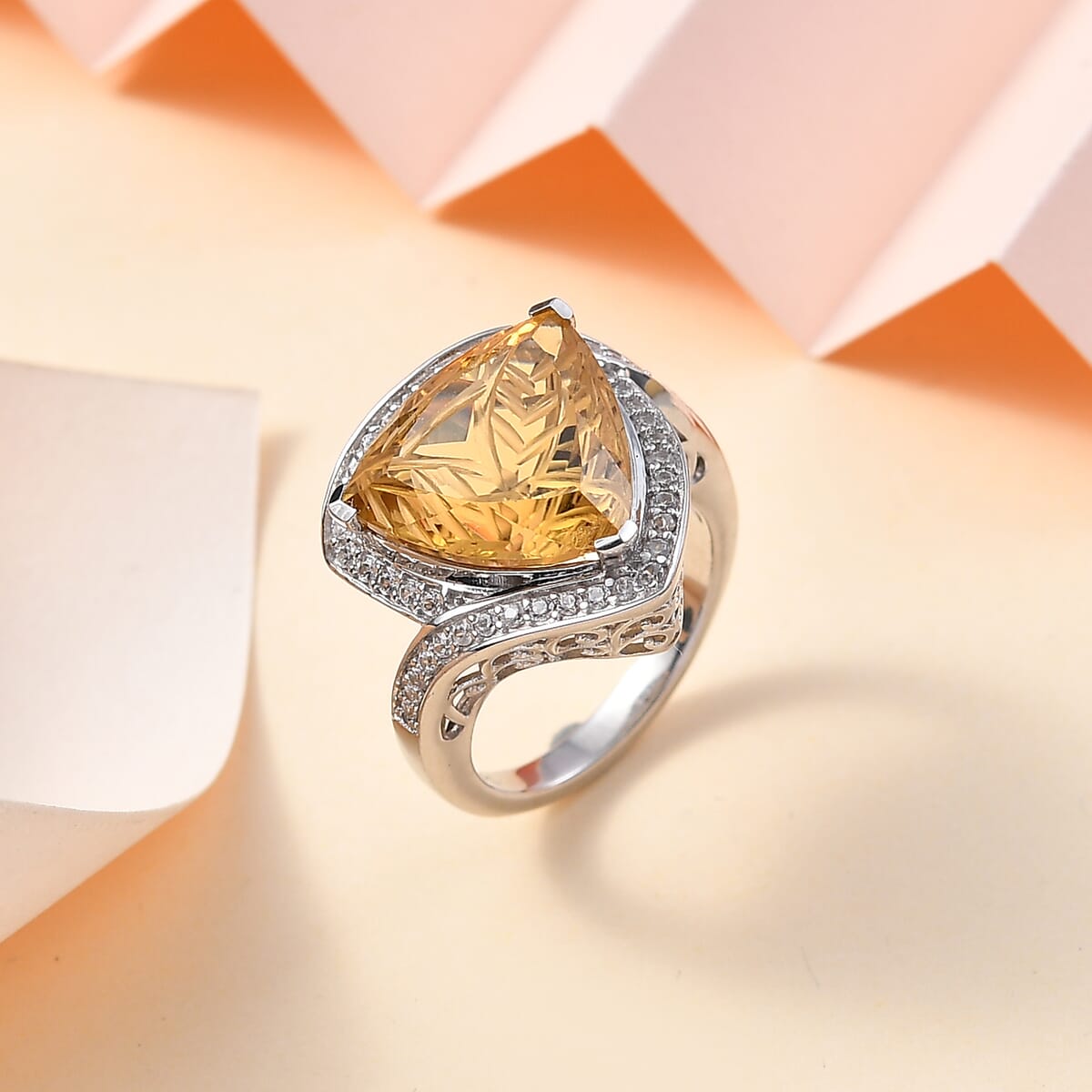 Carving Cut Brazilian Citrine and White Zircon 9.15 ctw Ring in Platinum Over Sterling Silver (Size 10.0) image number 1