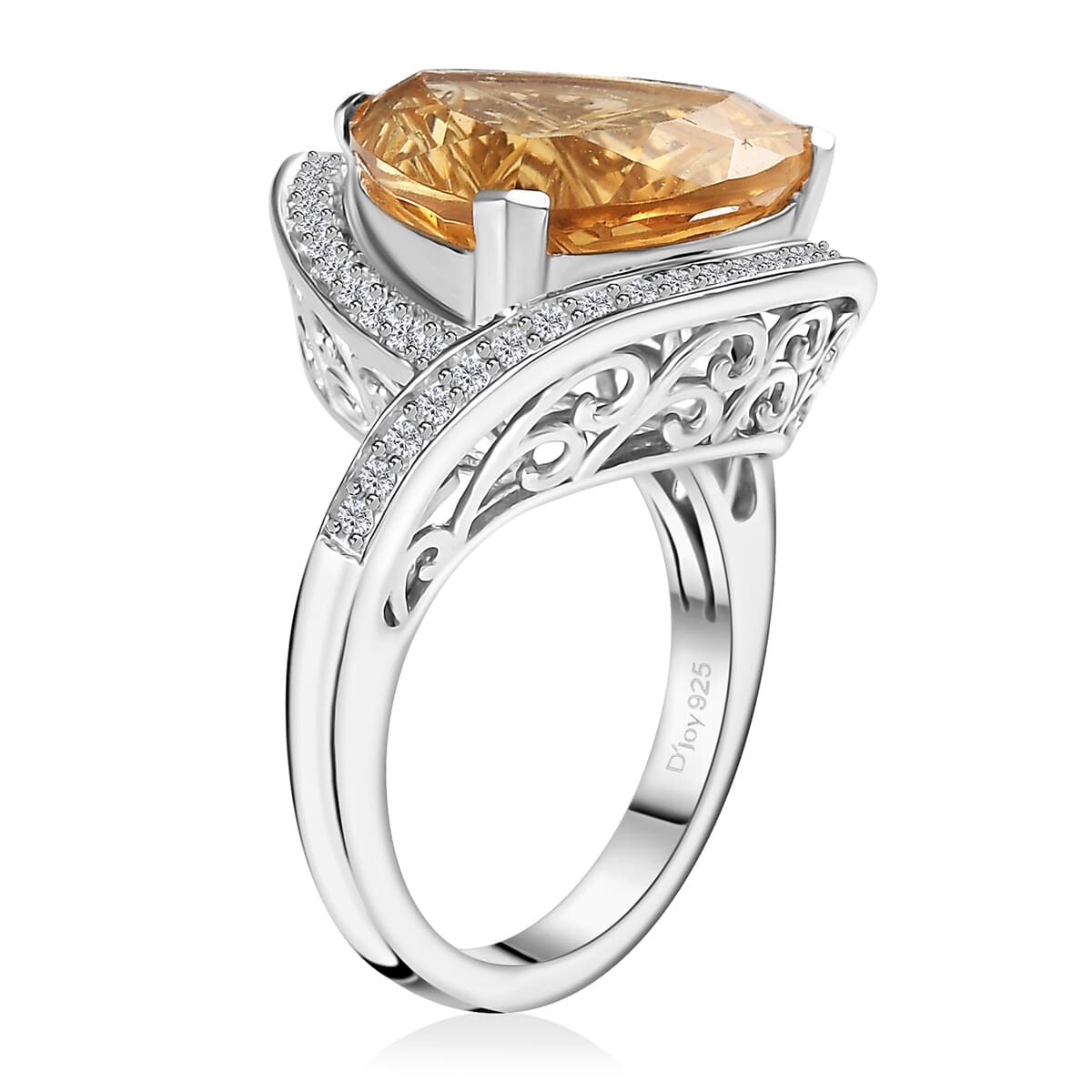 Carving Cut Brazilian Citrine and White Zircon 9.15 ctw Ring in Platinum Over Sterling Silver (Size 10.0) image number 3