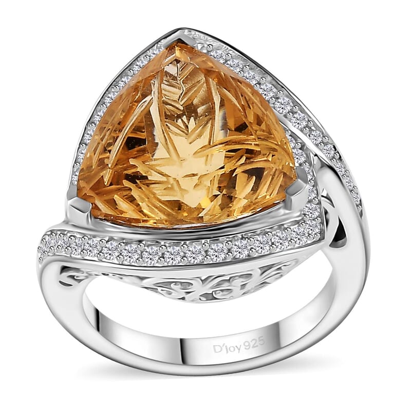 D'Joy Carving Cut Brazilian Citrine and White Zircon 9.15 ctw Ring in Platinum Over Sterling Silver (Size 7.0)