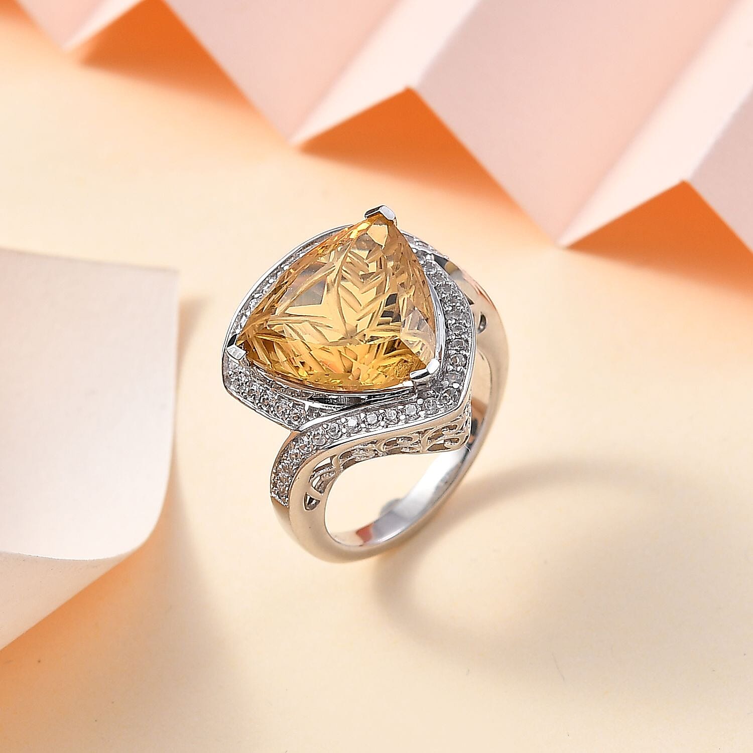 D'Joy Carving Cut Brazilian Citrine and White Zircon 9.15 ctw Ring in Platinum Over Sterling Silver (Size 7.0)