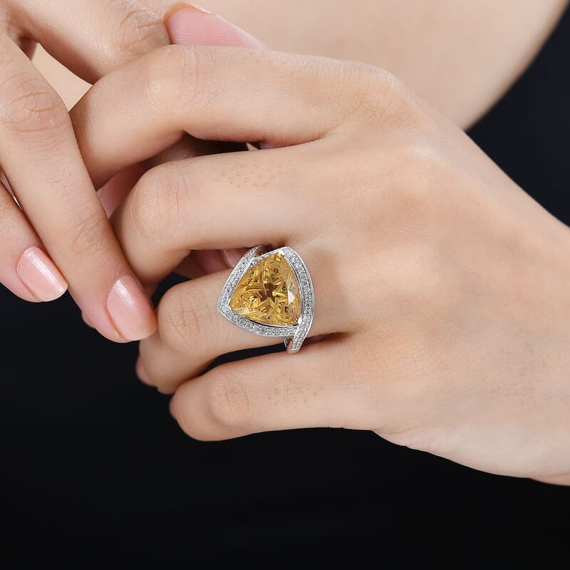 D'Joy Carving Cut Brazilian Citrine and White Zircon 9.15 ctw Ring in Platinum Over Sterling Silver (Size 7.0)