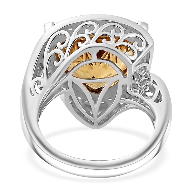 D'Joy Carving Cut Brazilian Citrine and White Zircon 9.15 ctw Ring in Platinum Over Sterling Silver (Size 7.0)