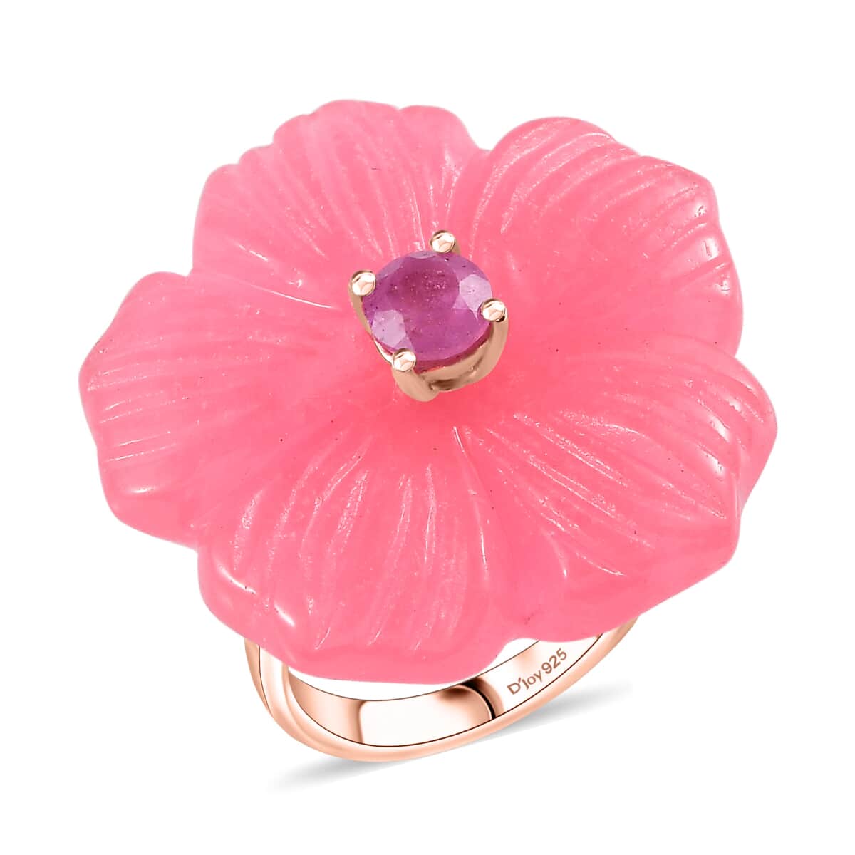 Pink Jade (D) Carved and Ilakaka Hot Pink Sapphire (FF) 41.00 ctw Primrose Floral Ring in Vermeil Rose Gold Over Sterling Silver (Size 7.0) image number 0