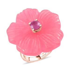 Pink Jade (D) Carved and Ilakaka Hot Pink Sapphire (FF) 41.00 ctw Primrose Floral Ring in Vermeil Rose Gold Over Sterling Silver (Size 7.0)